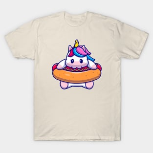 Cute Unicorn Eating Hotdog Cartoon T-Shirt